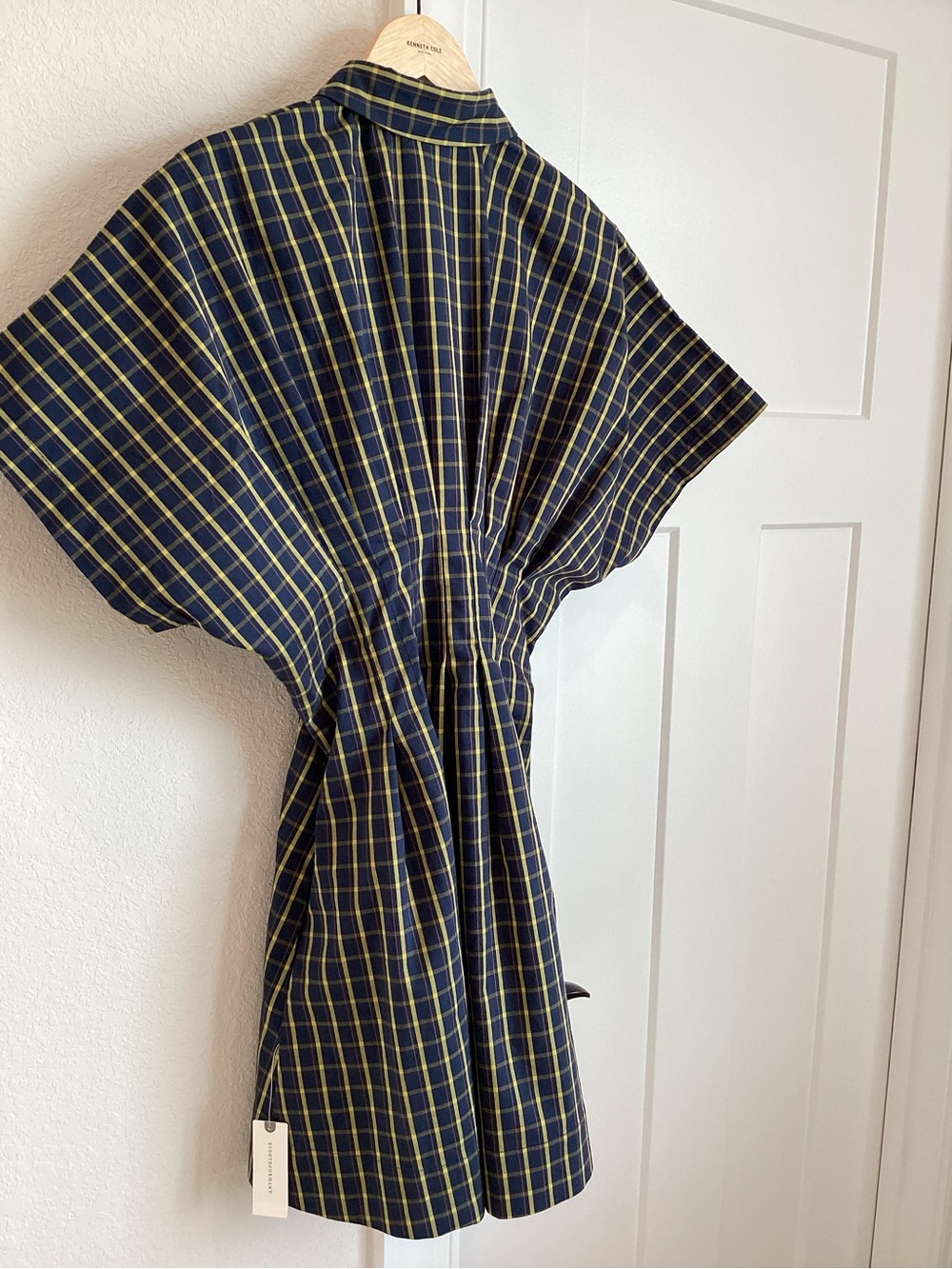 Exquise Tobie Short-Sleeve Pleated Mini Shirt Dress Navy Plaid Anthropologie - Picture 11 of 13